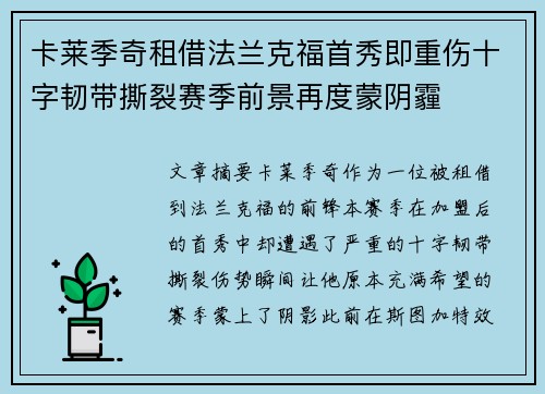 卡莱季奇租借法兰克福首秀即重伤十字韧带撕裂赛季前景再度蒙阴霾
